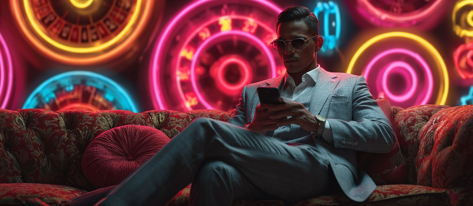 Stylish man in elegant suit using CV333 Casino mobile app with neon roulette lights behind