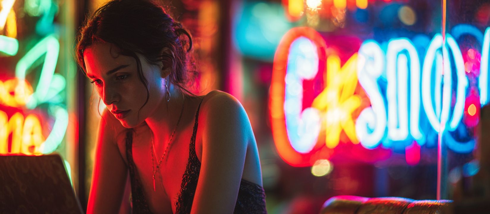 Focused woman playing online games on laptop with neon casino lights in background
