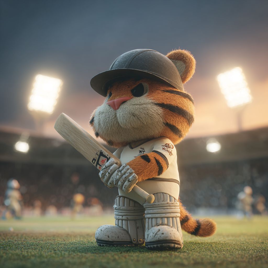 Cute tiger mascot in cricket uniform ready to play on the stadium under bright lights