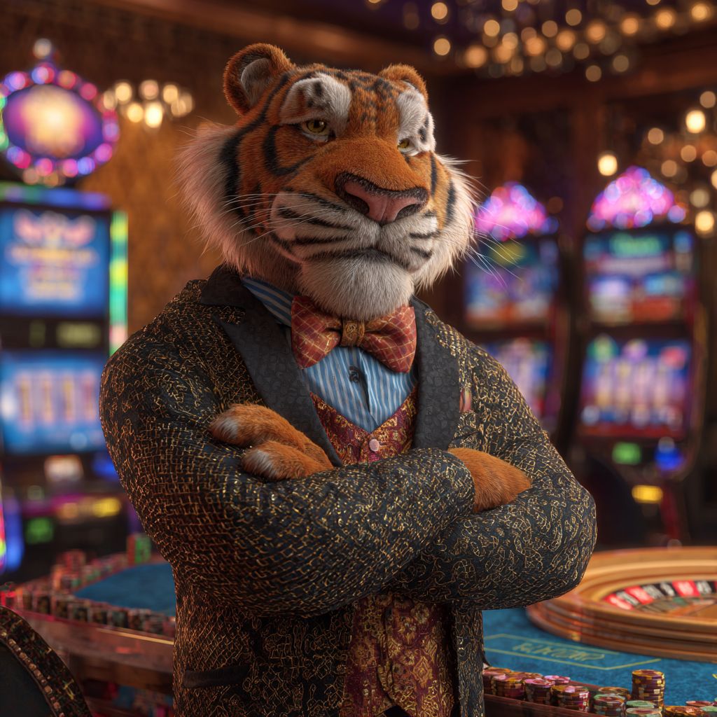 Confident tiger mascot in elegant suit standing inside CV333 Casino with roulette and slot machines