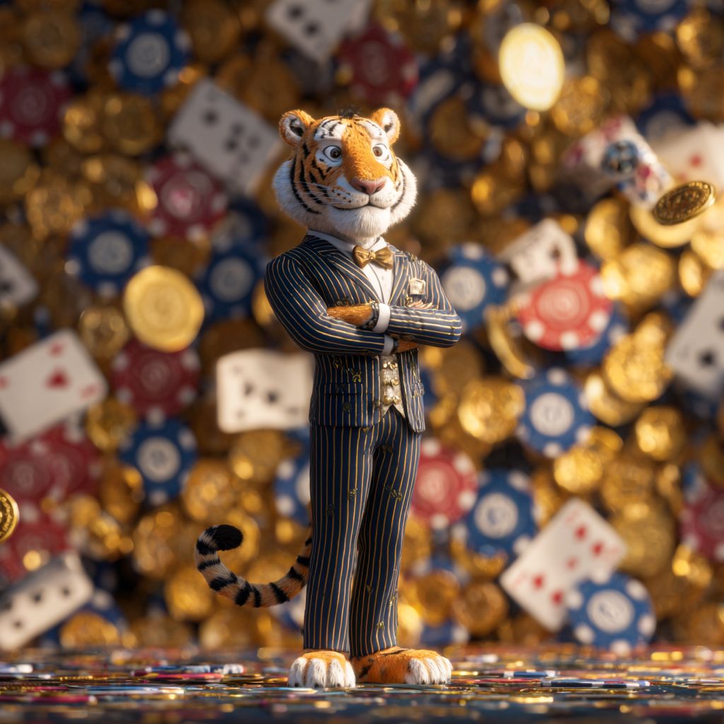 Stylish tiger mascot in striped suit standing proudly with poker chips and cards at CV333 Casino