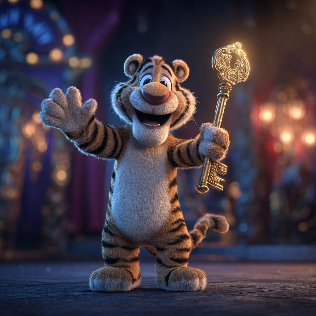 Smiling tiger mascot holding a golden key symbolizing login access to CV333 Casino