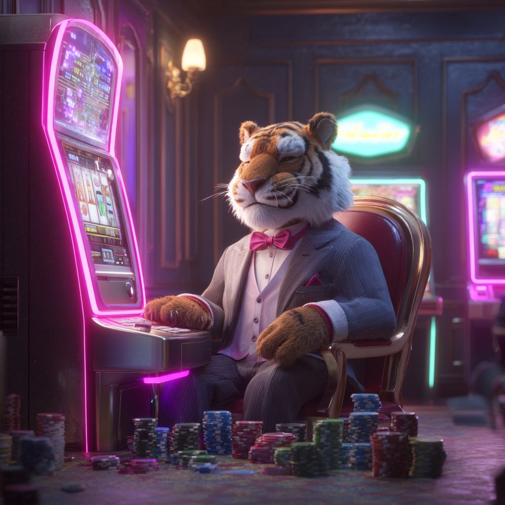 Elegant tiger mascot in suit playing slots machine at CV333 Casino surrounded by chips