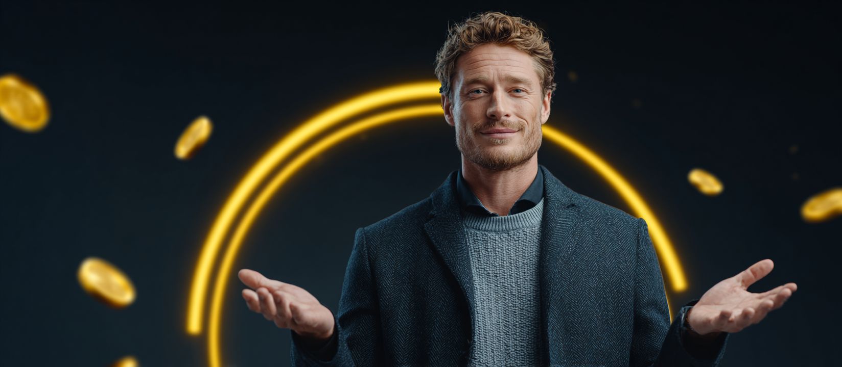 Confident man smiling with golden casino coins symbolizing login rewards at CV333 Casino