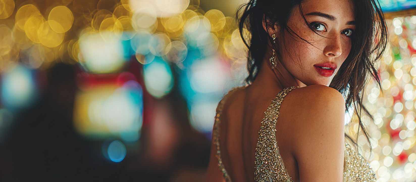 Glamorous woman in sparkling dress looking back with bright casino lights in CV333 Casino