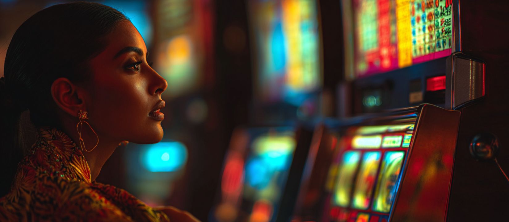 Elegant woman enjoying slot machines with glowing casino lights at CV333 Casino